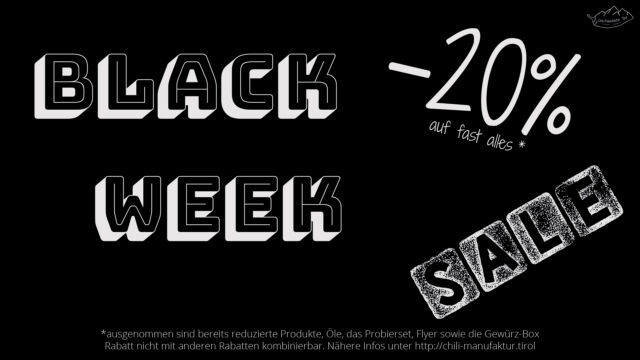 Großer Black Week Sale im Online-Shop unter: https://chili-manufaktur.tirol/
Gültig bis Ende dieser Woche und nur solange der Vorrat reicht 💪😃🍴
#blackweek #blackfriday #sale #chili #manufaktur #tirol #kochen #grillen #gewürze #kräuter #bio